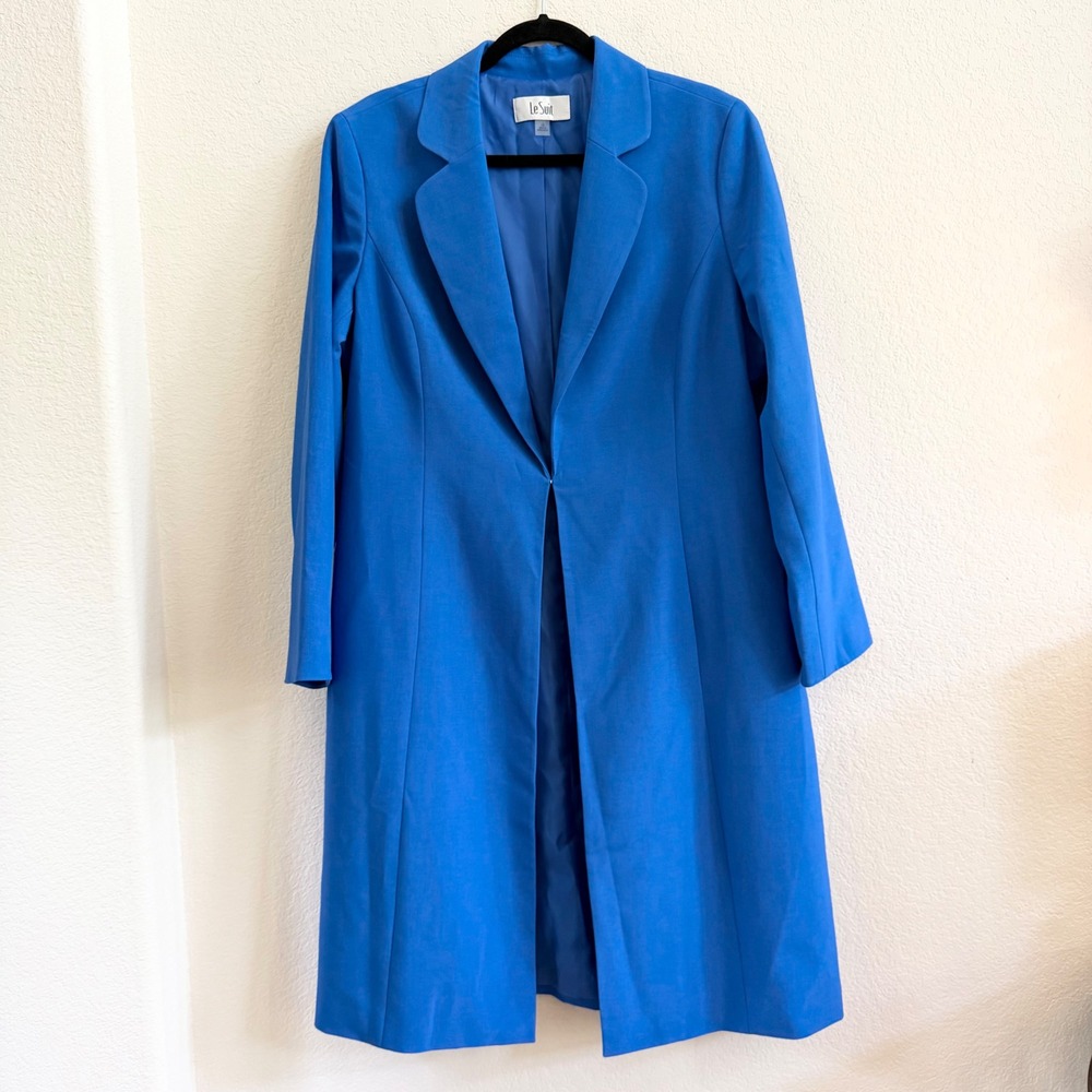 Le Suit Womens Royal Blue Longline Open Front Blazer Coat Jacket Size 14 Notched